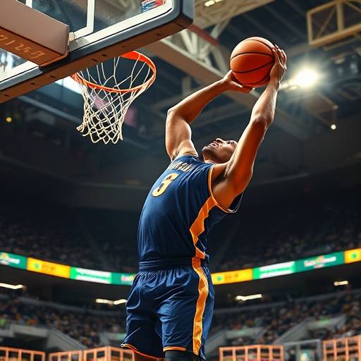 Action-packed sports photography, capturing a basketball player making a slam dunk during a fast-paced game with intense energy and focus.