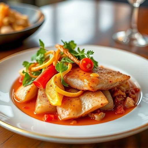 Artistic food photography, showcasing a beautifully plated dish with vibrant colors and textures, perfect for a restaurant menu.