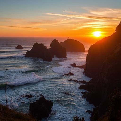 Breathtaking landscape of the Washington State coastline, featuring dramatic cliffs, crashing waves, and a picturesque sunset sky.