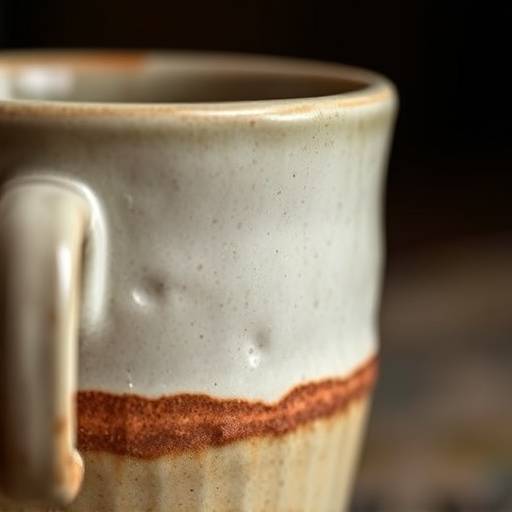 Close-up shot of a handcrafted ceramic mug, showcasing its texture and design.