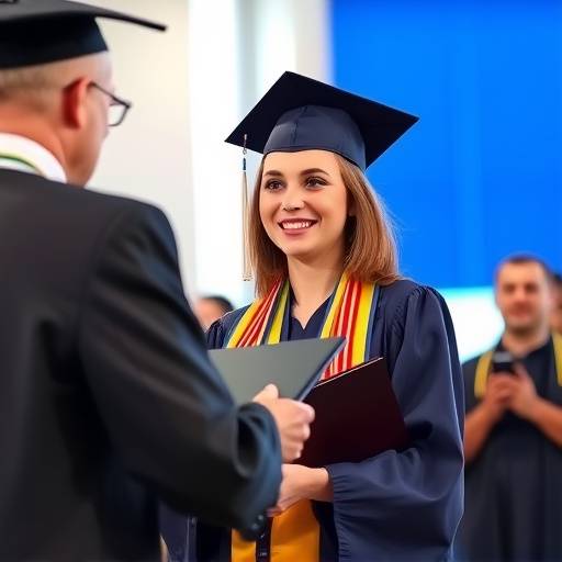 Memorable shot of a graduation ceremony, capturing a student receiving their diploma with a proud smile and family members cheering in the background.