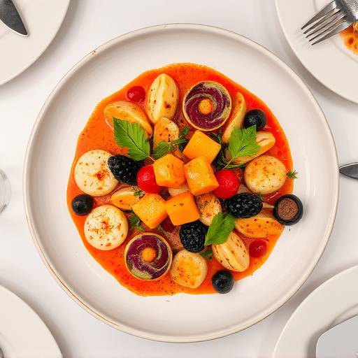 Overhead shot of a beautifully plated dish in a restaurant, highlighting the colors and textures of the food.