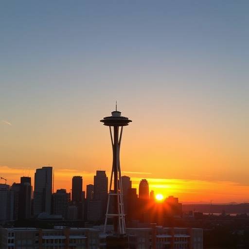 Panoramic view of the Seattle skyline at sunset, showcasing the Space Needle.
