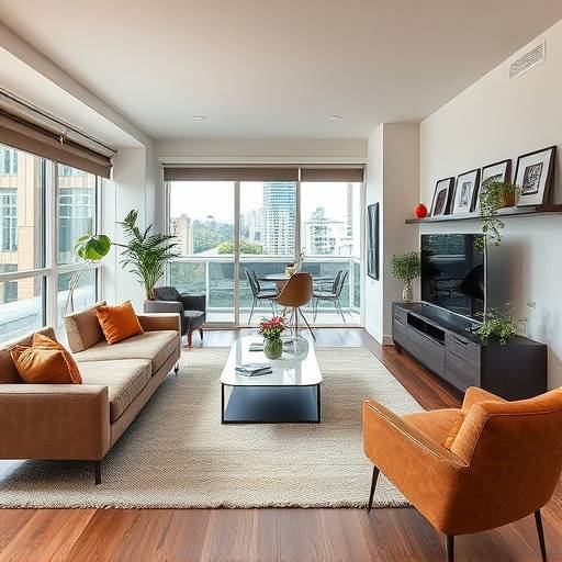 Professionally staged interior of a modern apartment in downtown Seattle, showcasing stylish furniture and contemporary design elements.