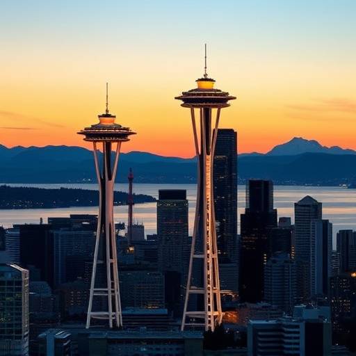 Stunning cityscape of Seattle at dusk, with the Space Needle illuminated against the backdrop of Puget Sound and the Olympic Mountains.
